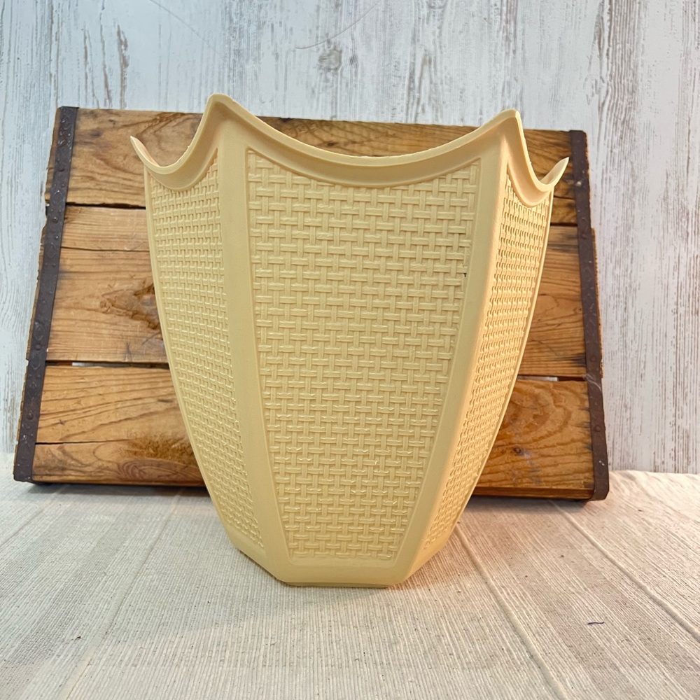 Vintage plastic waste basket Fesco faux wicker tulip trash can retro